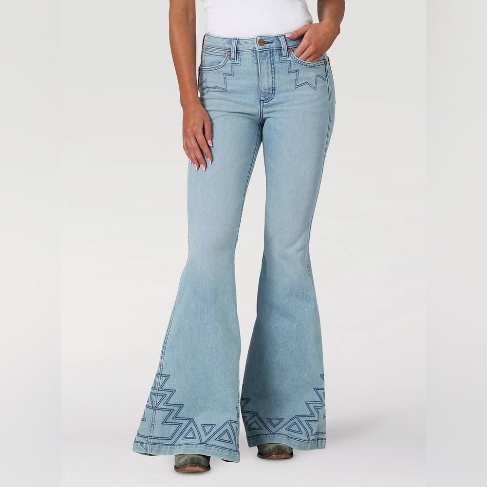 Wrangler Light Blue Flare Jeans with Southwestern Hem Stitching - Picture 2 of 4
